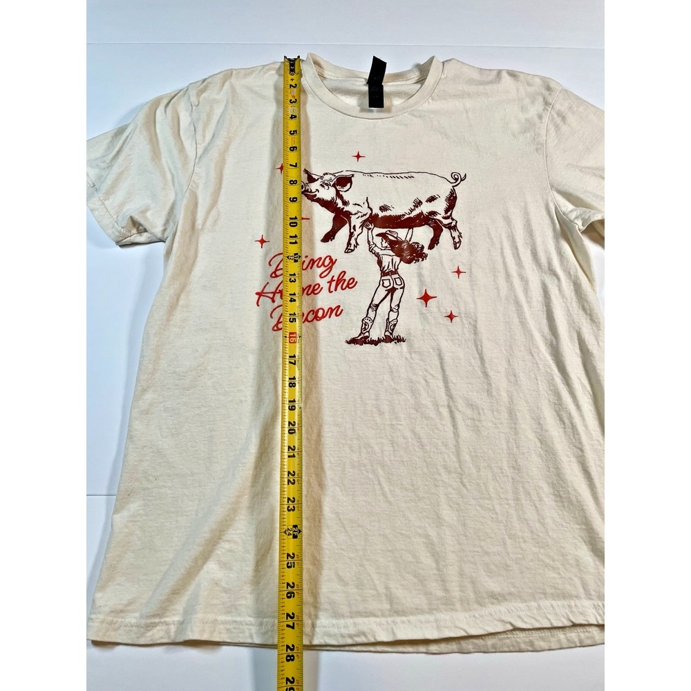Gildan T-Shirt Unisex Large Cream Bring Home the Bacon Graphic Cowgirl Pig Soft - Picture 3 of 8